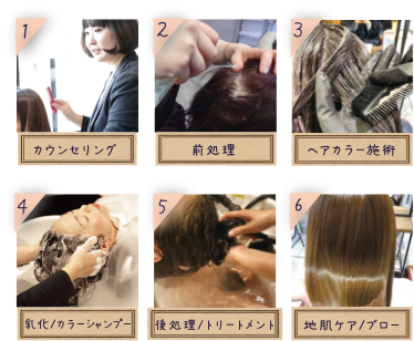 1.カウンセリング 2.前処理 3.ヘアカラー施術 4.乳化/カラーシャンプー 5.後処理/トリートメント 6.地肌ケア/ブロー