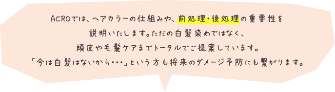 ACROでは、ヘアカラーの仕組みや、前処理・後処理の重要性を説明いたします。ただの白髪染めではなく、頭皮や毛髪ケアまでトータルでご提案しています。「今は白髪はないから・・・」という方も将来のダメージ予防にも繋がります。